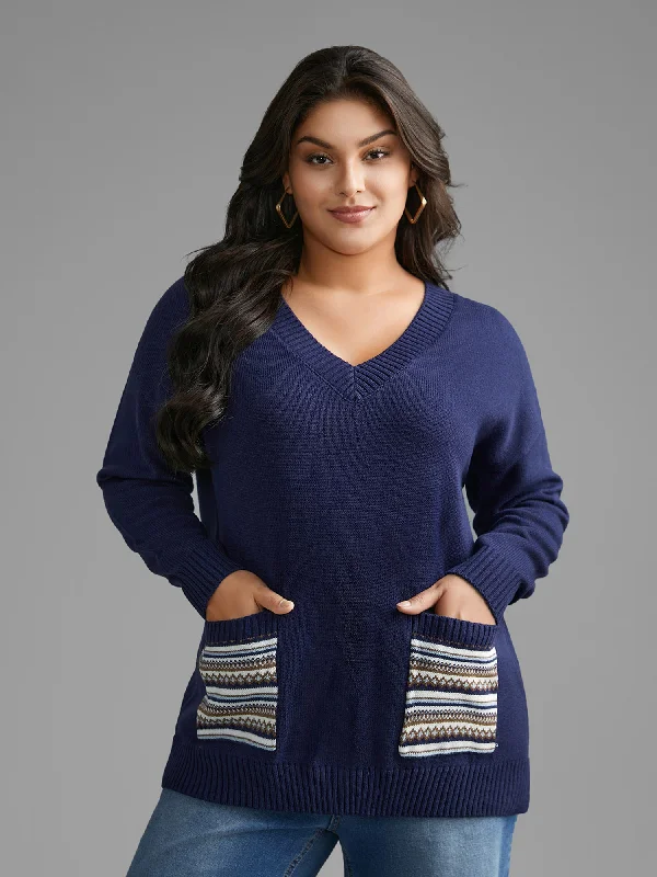 Plus Size Women's Sequined Sweaters for Special Occasions Striped Jacquard Patched Pocket Pullover Plus Size Women's Sequined Sweaters for Special Occasions Striped Jacquard Patched Pocket Pullover