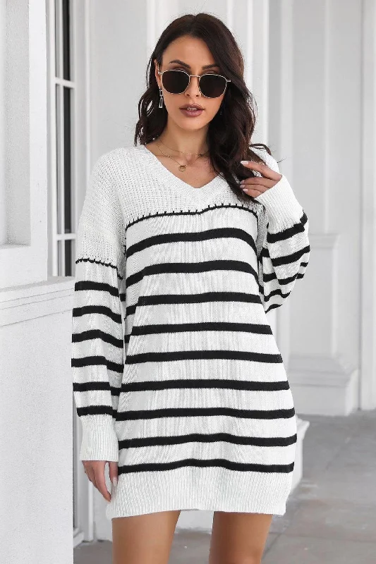 Plus Size Women's Open - Front Cardigan Style Sweater Dresses Striped V-Neck Drop Shulder Sweater Dress Plus Size Women's Open - Front Cardigan Style Sweater Dresses Striped V-Neck Drop Shulder Sweater Dress