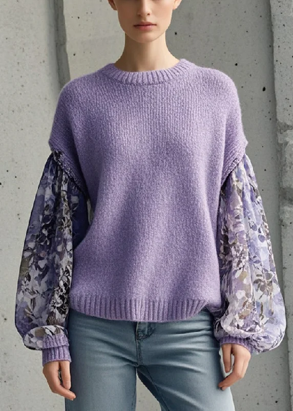 Long - Sleeve Women's Cable - Knit Tops in Earth Tones for Fall Style Lavender Oversized Patchwork Print Knit Top Fall Long - Sleeve Women's Cable - Knit Tops in Earth Tones for Fall Style Lavender Oversized Patchwork Print Knit Top Fall