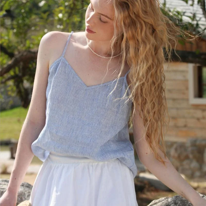 Women's Cropped Tank Tops with Vintage Band Logos Summer Striped Linen Cami Top with Adjustable Straps Women's Cropped Tank Tops with Vintage Band Logos Summer Striped Linen Cami Top with Adjustable Straps