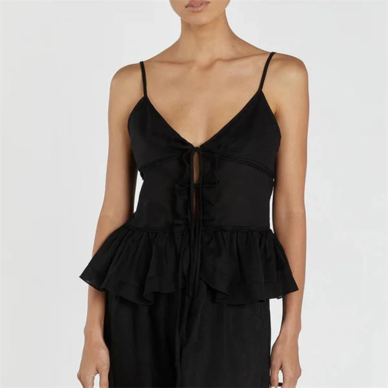 Crew Neck Women's Sustainable Tank Tops Made from Recycled Materials Summer V-Neck Cami Top with Spaghetti Straps and Tie-Up Detail Crew Neck Women's Sustainable Tank Tops Made from Recycled Materials Summer V-Neck Cami Top with Spaghetti Straps and Tie-Up Detail