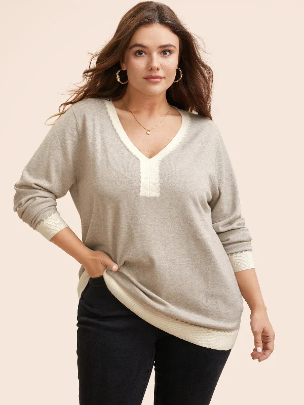 Split - Hem Women's Linen Blend Sweaters for Spring Supersoft Essentials V Neck Contrast Crochet Pullover Split - Hem Women's Linen Blend Sweaters for Spring Supersoft Essentials V Neck Contrast Crochet Pullover