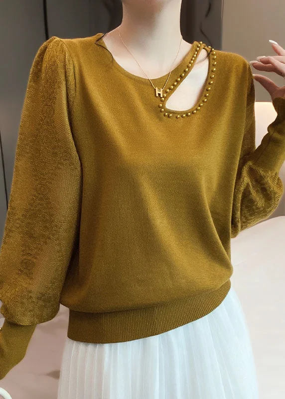 V - Neck Women's Knit Tops with Lace Trim for a Romantic Touch Unique Earth Yellow Hollow Out Nail Bead Wool Knit Top Long Sleeve V - Neck Women's Knit Tops with Lace Trim for a Romantic Touch Unique Earth Yellow Hollow Out Nail Bead Wool Knit Top Long Sleeve
