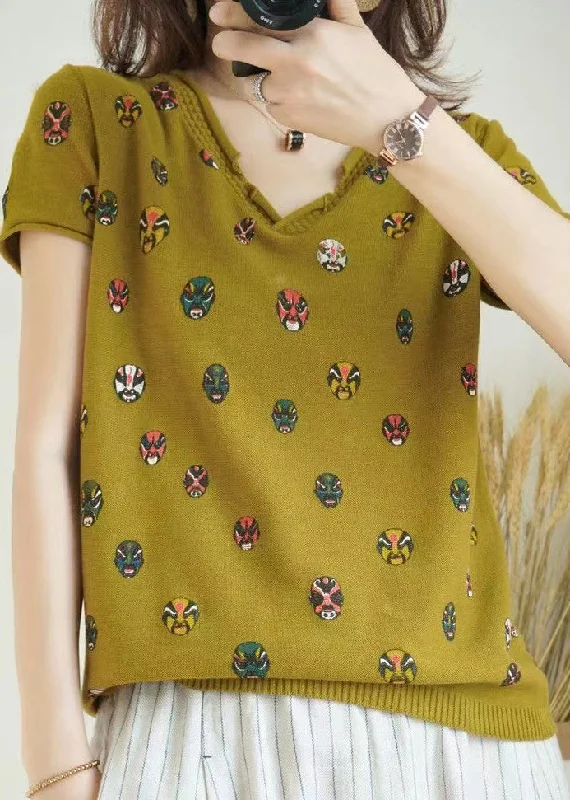 Women's Sleeveless Knit Tank Tops in Bright Summer Hues Unique Yellow V Neck Print Cotton Knit Top Short Sleeve Women's Sleeveless Knit Tank Tops in Bright Summer Hues Unique Yellow V Neck Print Cotton Knit Top Short Sleeve