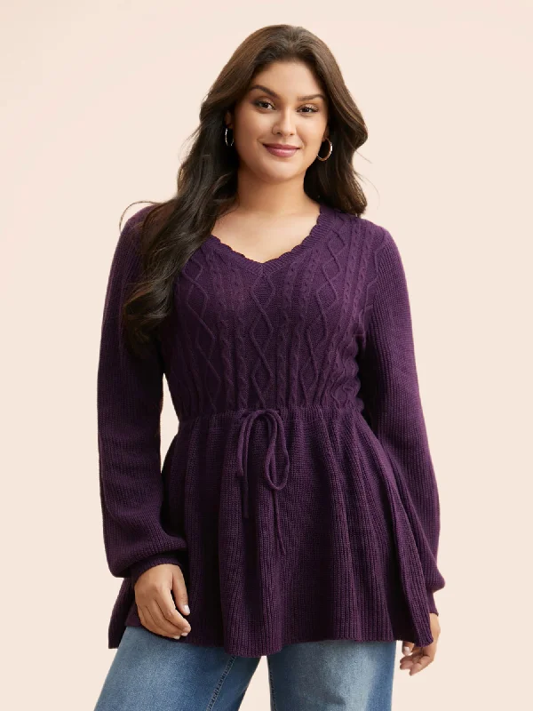 High - Low Hem Women's Cashmere - Blended Sweaters V Neck Cable Knit Drawstring Pullover High - Low Hem Women's Cashmere - Blended Sweaters V Neck Cable Knit Drawstring Pullover