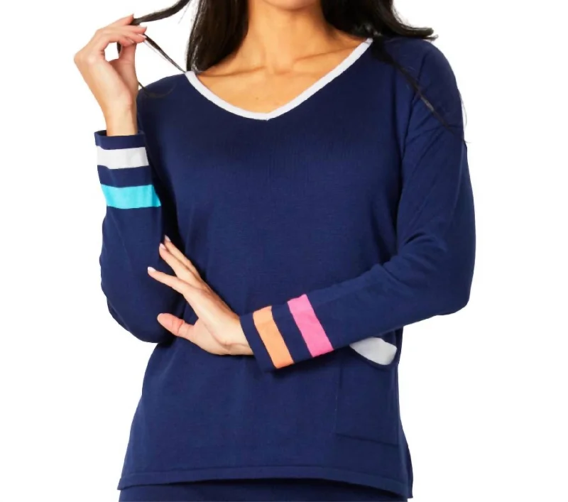 Plus Size Women's Pullovers with Pockets for Practicality V-Neck Stripe Detail Pullover In Navy Plus Size Women's Pullovers with Pockets for Practicality V-Neck Stripe Detail Pullover In Navy
