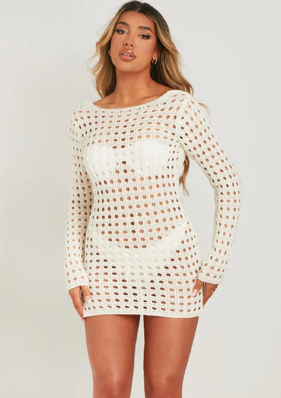 Midi - Length Women's Shetland Wool Sweater Dresses in Traditional Patterns Valerie Ivory Low Back Crochet Beach Dress Cover Up