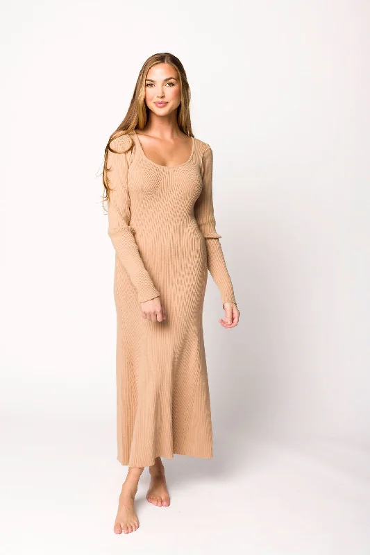 Maxi dresses with a cinched waist for a defined silhouette Alison Knit Sweater Maxi Dress in Almond Maxi dresses with a cinched waist for a defined silhouette Alison Knit Sweater Maxi Dress in Almond