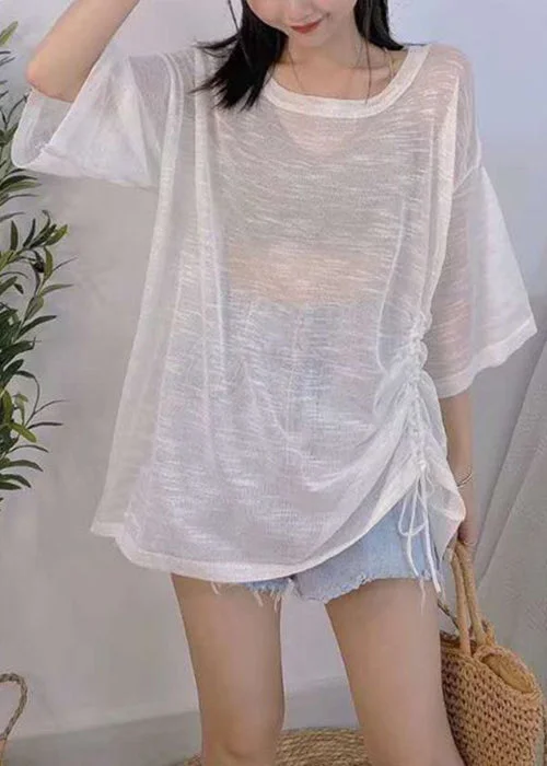 Plaid Women's Knit Button - Up Tops in a Preppy Look White Lace Up Thin Ice Silk Knit Top O Neck Half Sleeve Plaid Women's Knit Button - Up Tops in a Preppy Look White Lace Up Thin Ice Silk Knit Top O Neck Half Sleeve