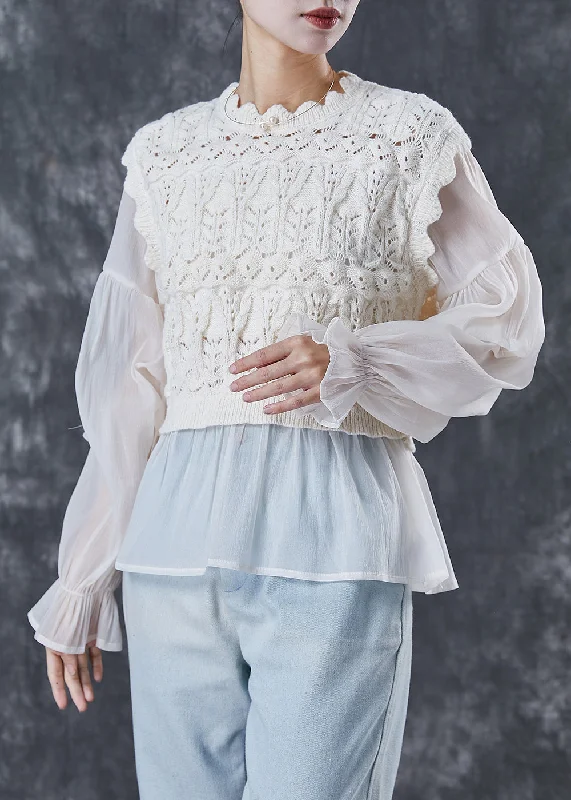 Short - Sleeve Women's Knit Shirts in Pastel Colors for Spring Women Apricot Patchwork Knit Tops Lantern Sleeve Short - Sleeve Women's Knit Shirts in Pastel Colors for Spring Women Apricot Patchwork Knit Tops Lantern Sleeve