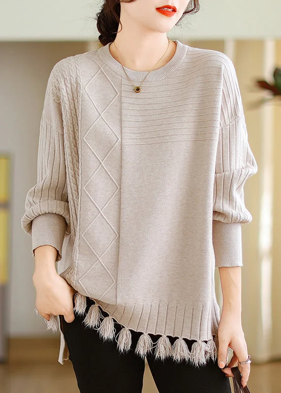 Women's Knit Halter Tops in a Trendy Design for Beach Days Women Beige O-Neck Tasseled Cotton Knit Tops Long Sleeve Women's Knit Halter Tops in a Trendy Design for Beach Days Women Beige O-Neck Tasseled Cotton Knit Tops Long Sleeve