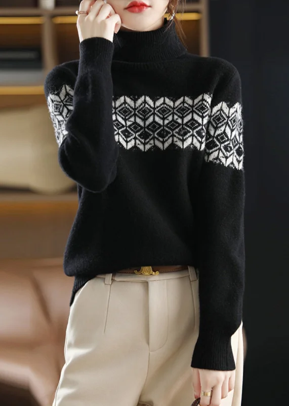 Women's Open - Front Knit Cardigans with a Longline Design  Women Black Solid Turtleneck Cotton Knit Top Long Sleeve