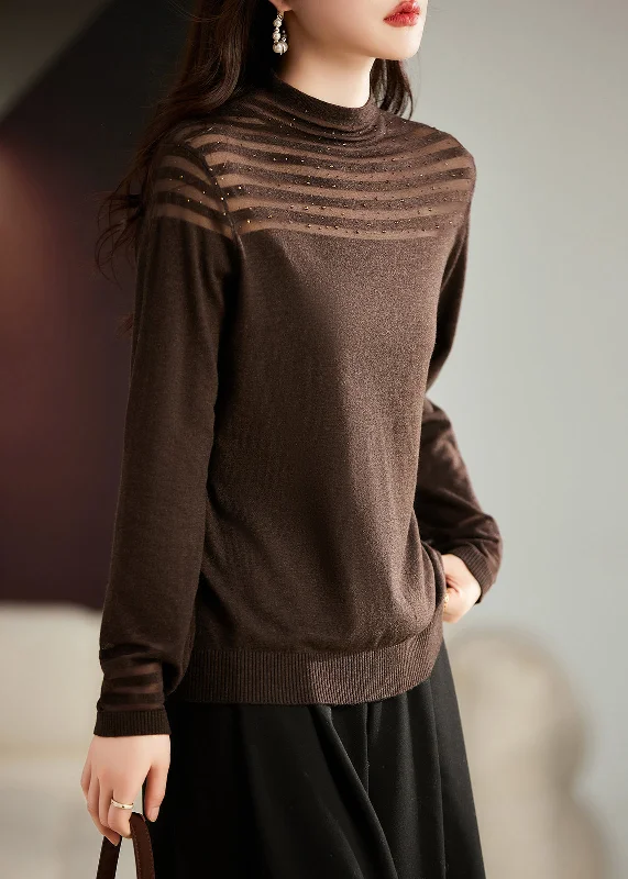 Women's Knit Halter Tops in a Trendy Design for Beach Days Women Coffee Nail Bead Tulle Patchwork Knit Top Long Sleeve Women's Knit Halter Tops in a Trendy Design for Beach Days Women Coffee Nail Bead Tulle Patchwork Knit Top Long Sleeve