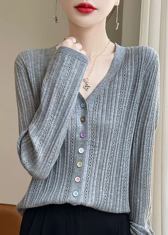 V - Neck Women's Knit Tops with Lace Trim for a Romantic Touch Women Grey V Neck Button Hollow Out Knit Top Fall V - Neck Women's Knit Tops with Lace Trim for a Romantic Touch Women Grey V Neck Button Hollow Out Knit Top Fall