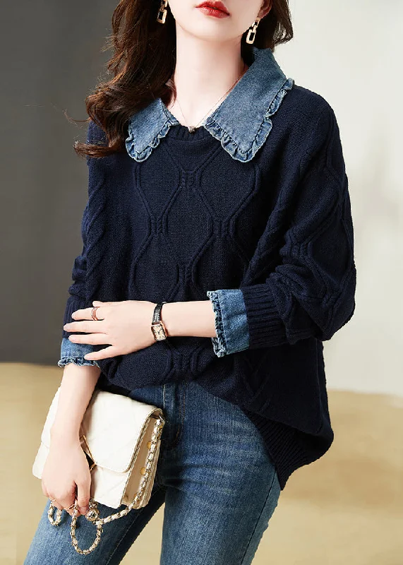 Floral - Printed Women's Knit Blouses in a Dainty Pattern Women Navy Ruffled Patchwork False Two Pieces Cotton Knit Top Long Sleeve Floral - Printed Women's Knit Blouses in a Dainty Pattern Women Navy Ruffled Patchwork False Two Pieces Cotton Knit Top Long Sleeve