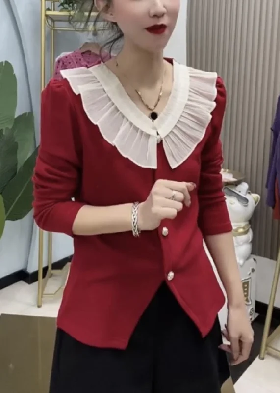 Mock - Neck Women's Knit Blouses in a Modern Style Women Red Ruffled Button Knit Tops Long Sleeve Mock - Neck Women's Knit Blouses in a Modern Style Women Red Ruffled Button Knit Tops Long Sleeve