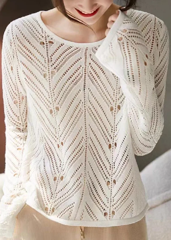 Women's Open - Front Knit Cardigans with a Longline Design Women White O Neck Hollow Out Patchwork Knit Top Long Sleeve Women's Open - Front Knit Cardigans with a Longline Design Women White O Neck Hollow Out Patchwork Knit Top Long Sleeve