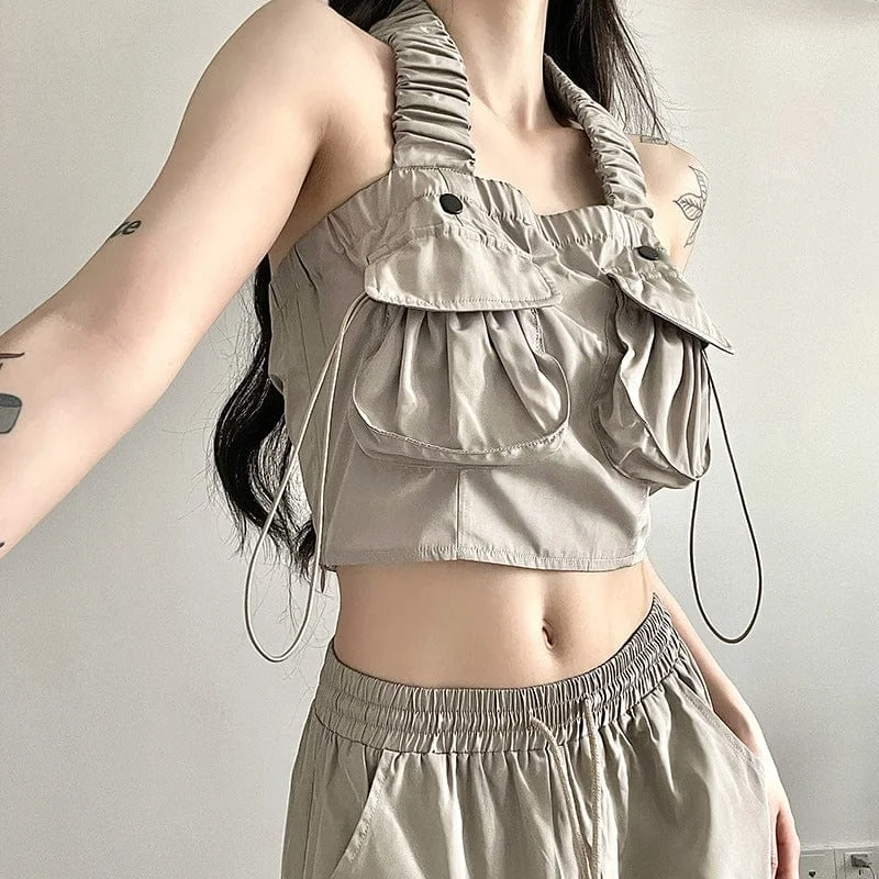 Mock Neck Women's Performance Tank Tops for Cycling Women's Grunge Big-pocket Drawstring Halterneck Tank Top Mock Neck Women's Performance Tank Tops for Cycling Women's Grunge Big-pocket Drawstring Halterneck Tank Top