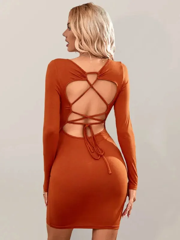 Mini dresses with wrap - around styles Blue Zone Planet | Knitted Square Neck Backless Tie Long Sleeve Mini Dress Mini dresses with wrap - around styles Blue Zone Planet | Knitted Square Neck Backless Tie Long Sleeve Mini Dress