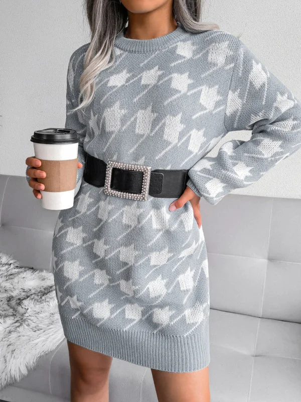 Knee - Length Women's Wool Blend Sweater Dresses in Neutral Colors Blue Zone Planet | Women's leisure Lantern Sleeve thousand bird lattice knitted wool dress Knee - Length Women's Wool Blend Sweater Dresses in Neutral Colors Blue Zone Planet | Women's leisure Lantern Sleeve thousand bird lattice knitted wool dress