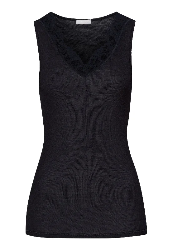 Women's Button - Down Tank Tops in Striped Patterns Woolen Lace Fine Ribbed Wool And Silk Tank Top | Black 70912-019 Women's Button - Down Tank Tops in Striped Patterns Woolen Lace Fine Ribbed Wool And Silk Tank Top | Black 70912-019