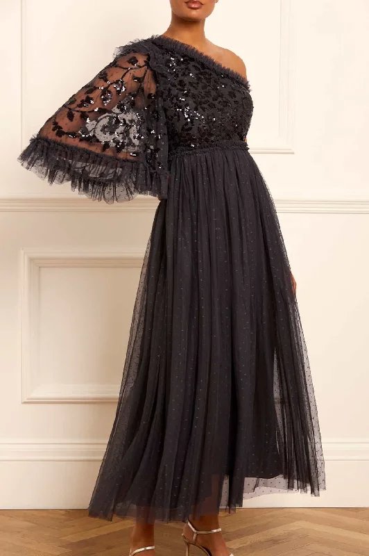 Off - the - Shoulder Women Dress for a Romantic and Feminine Look Falling Leaves Bodice One-Shoulder Ankle Gown Off - the - Shoulder Women Dress for a Romantic and Feminine Look Falling Leaves Bodice One-Shoulder Ankle Gown