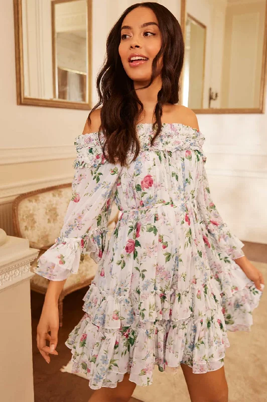 Ball Gown Women Dress with a Full Skirt for a Princess - like Look Floral Fantasy Chiffon Off-Shoulder Micro Mini Dress Ball Gown Women Dress with a Full Skirt for a Princess - like Look Floral Fantasy Chiffon Off-Shoulder Micro Mini Dress