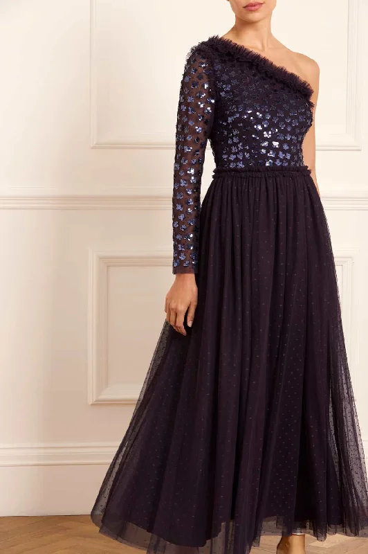 Maxi Women Dress with Floral Print for a Bohemian Vibe Glisten Bodice One-Shoulder Ankle Gown Maxi Women Dress with Floral Print for a Bohemian Vibe Glisten Bodice One-Shoulder Ankle Gown