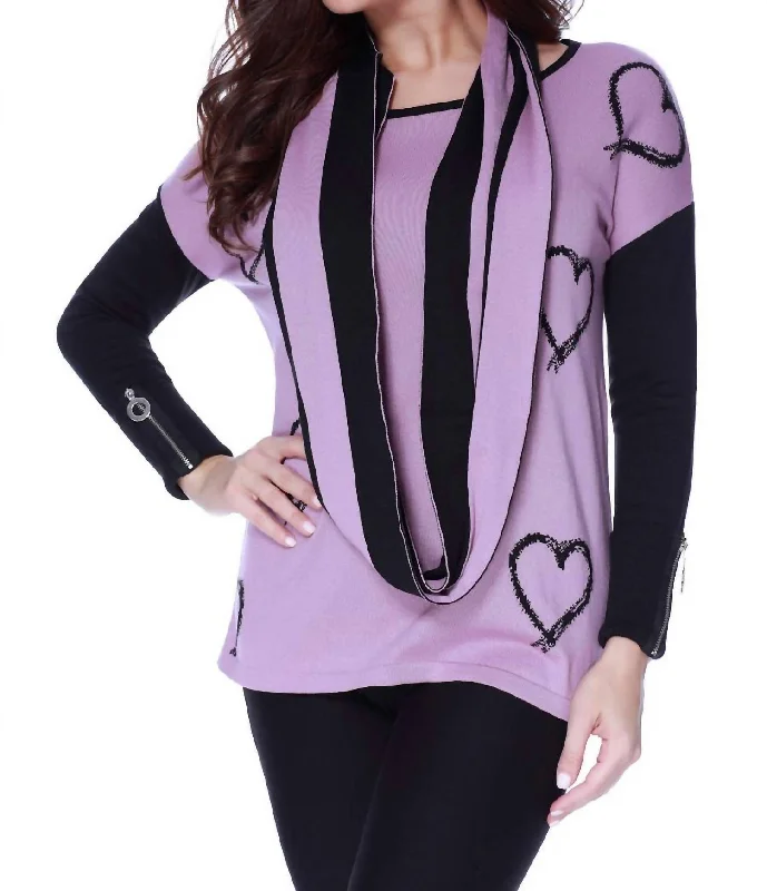 Cable - Knit Women's Pullovers in Earthy Tones for a Rustic Look Hearts Pullover W/ Infinity Scarf In Rose Cable - Knit Women's Pullovers in Earthy Tones for a Rustic Look Hearts Pullover W/ Infinity Scarf In Rose