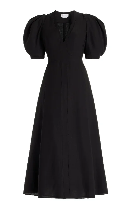 Off - the - Shoulder Women Dress for a Romantic and Feminine Look Luz Dress in Black Virgin Wool Crepe Off - the - Shoulder Women Dress for a Romantic and Feminine Look Luz Dress in Black Virgin Wool Crepe