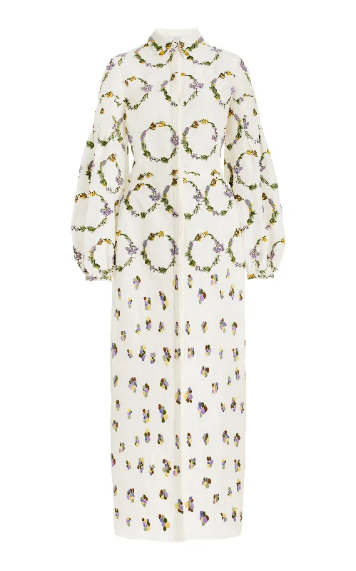 Plus Size Women Dress with a Flattering A - Line Cut for Comfort and Style Mauri Embroidered Shirtdress in Ivory Linen Silk Plus Size Women Dress with a Flattering A - Line Cut for Comfort and Style Mauri Embroidered Shirtdress in Ivory Linen Silk