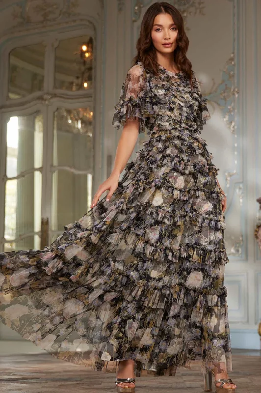 Maxi Women Dress with Floral Print for a Bohemian Vibe Moonlight Petals Round Neck Gown Maxi Women Dress with Floral Print for a Bohemian Vibe Moonlight Petals Round Neck Gown