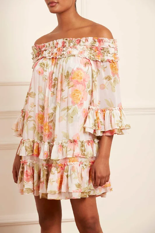 Printed Abstract Women Dress for a Modern and Artistic Appeal Peony Promise Chiffon Off-Shoulder Tiered Micro Mini Dress Printed Abstract Women Dress for a Modern and Artistic Appeal Peony Promise Chiffon Off-Shoulder Tiered Micro Mini Dress