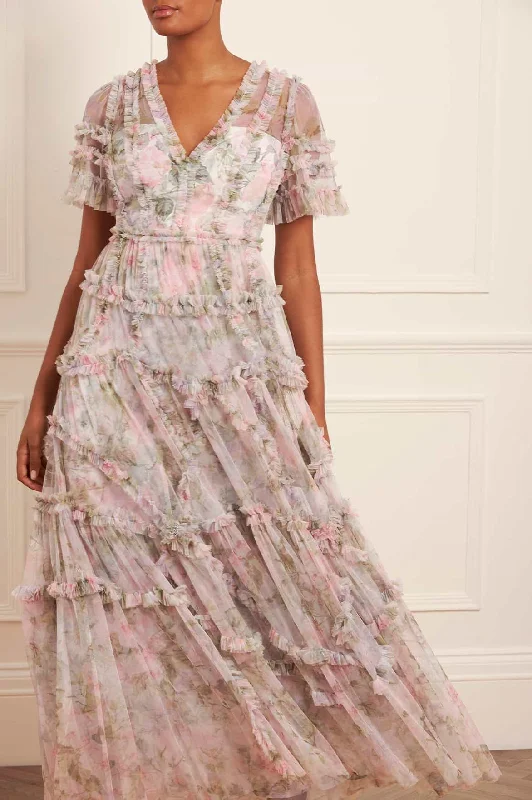 Printed Abstract Women Dress for a Modern and Artistic Appeal Rose Powder Ruffle Gown Printed Abstract Women Dress for a Modern and Artistic Appeal Rose Powder Ruffle Gown