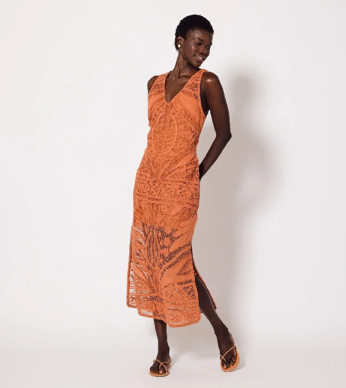 Ruffled Women Dress with Multiple Layers for a Playful and Girly Style Shelby Crochet Midi Dress | Apricot Brandy Ruffled Women Dress with Multiple Layers for a Playful and Girly Style Shelby Crochet Midi Dress | Apricot Brandy