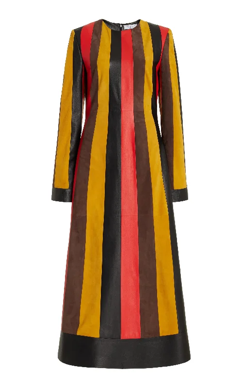 Backless Women Dress for a Sexy and Alluring Look at Evening Events Taylor Dress in Multi Striped Leather & Suede Backless Women Dress for a Sexy and Alluring Look at Evening Events Taylor Dress in Multi Striped Leather & Suede
