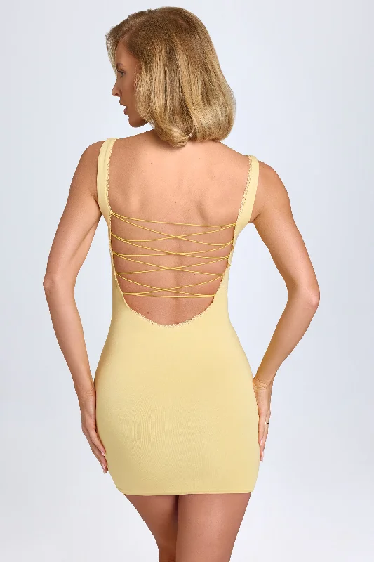 Lace - Embellished Women Dress for an Elegant and Sophisticated Appearance Lace - Embellished Women Dress for an Elegant and Sophisticated Appearance Modal Lace-Trim Bodycon Mini Dress in Pastel Yellow Lace - Embellished Women Dress for an Elegant and Sophisticated Appearance Lace - Embellished Women Dress for an Elegant and Sophisticated Appearance Modal Lace-Trim Bodycon Mini Dress in Pastel Yellow