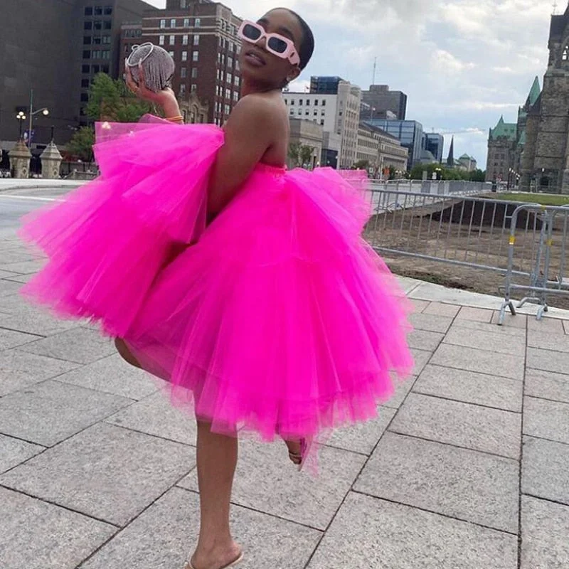 Lace - Embellished Women Dress for an Elegant and Sophisticated Appearance Lace - Embellished Women Dress for an Elegant and Sophisticated Appearance sixsr Chic Fuchsia Ruffles Short Tulle Dresses Women Puffy A-line Mini Tutu Dress Summer Off The Shoulder Robe Vestidos