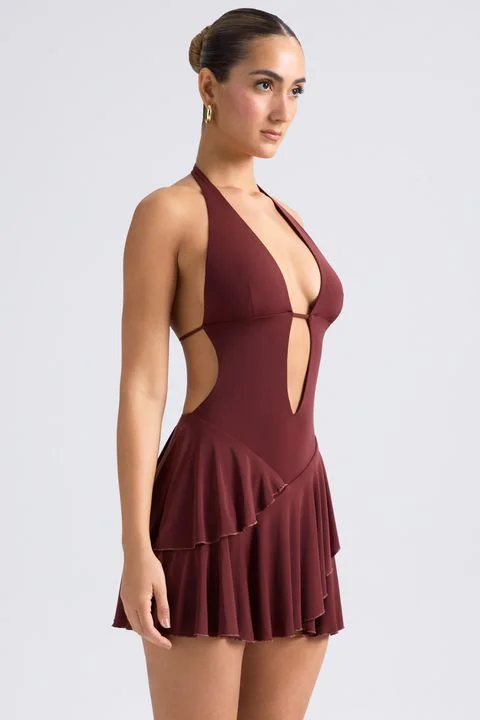 Mini Women Dress with a Short Hem for a Young and Trendy Style Mini Women Dress with a Short Hem for a Young and Trendy Style Ruffled Cut-Out Halterneck Mini Dress in Chestnut Brown Mini Women Dress with a Short Hem for a Young and Trendy Style Mini Women Dress with a Short Hem for a Young and Trendy Style Ruffled Cut-Out Halterneck Mini Dress in Chestnut Brown