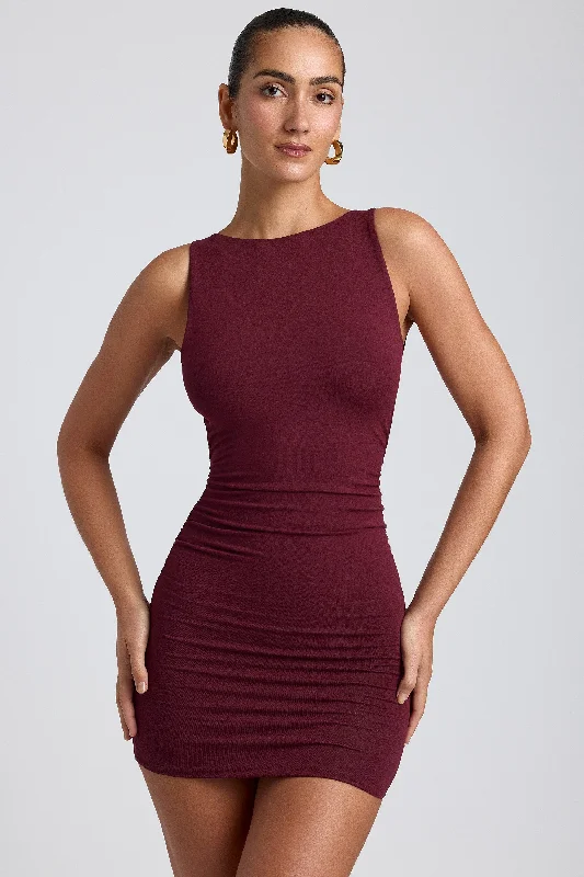 Wrap - Style Women Dress with Adjustable Fit for All Body Types Wrap - Style Women Dress with Adjustable Fit for All Body Types Modal High-Neck Open-Back Mini Dress in Plum Wrap - Style Women Dress with Adjustable Fit for All Body Types Wrap - Style Women Dress with Adjustable Fit for All Body Types Modal High-Neck Open-Back Mini Dress in Plum