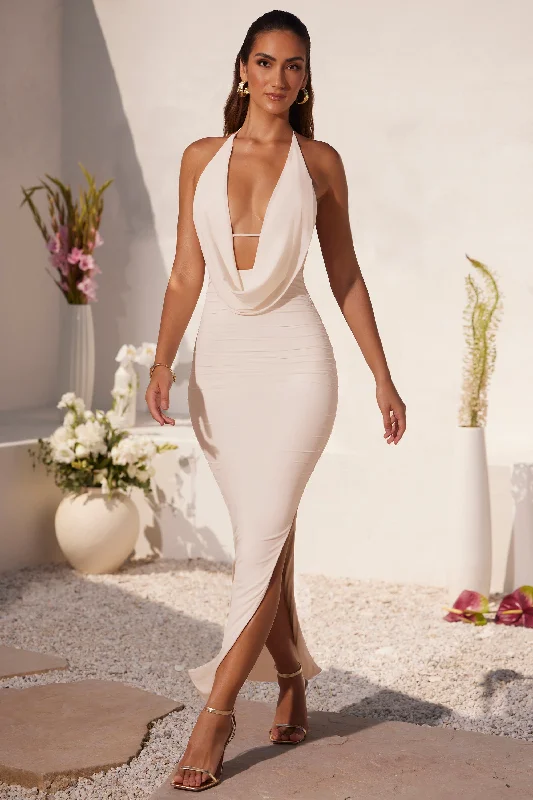 Strapless Women Dress with a Built - in Bra for Comfort and Support Strapless Women Dress with a Built - in Bra for Comfort and Support Plunge Cowl Neck Floor Length Dress in Ivory Strapless Women Dress with a Built - in Bra for Comfort and Support Strapless Women Dress with a Built - in Bra for Comfort and Support Plunge Cowl Neck Floor Length Dress in Ivory