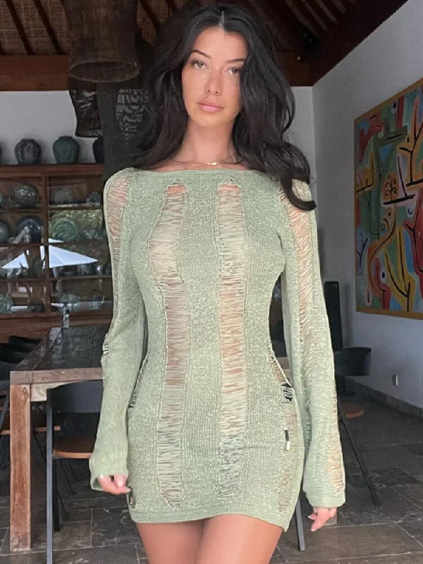 Backless Women Dress for a Sexy and Alluring Look at Evening Events Backless Women Dress for a Sexy and Alluring Look at Evening Events sixsr Fashion Trends Round Collar See Through Dress Women Sexy Long Sleeve Elegant Beachwear Hollow Out Backless Knitted Female Dress Summer