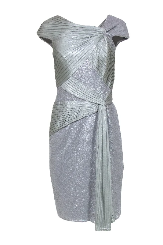 Pleated Women Dress with a Timeless and Elegant Texture Pleated Women Dress with a Timeless and Elegant Texture Tadashi Shoji - Silver Pleated Sash & Sequined Sheath Dress Sz S