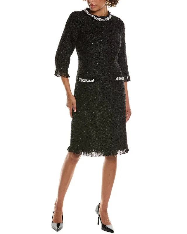 Strapless Women Dress with a Built - in Bra for Comfort and Support Strapless Women Dress with a Built - in Bra for Comfort and Support Teri Jon by Rickie Freeman Metallic Boucle Pearl Midi Dress