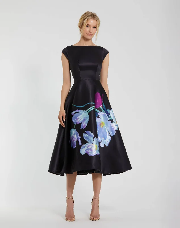 A - line midi dresses with floral prints for spring brunches Satin Cap Sleeve Midi Dress With Floral Print A - line midi dresses with floral prints for spring brunches Satin Cap Sleeve Midi Dress With Floral Print