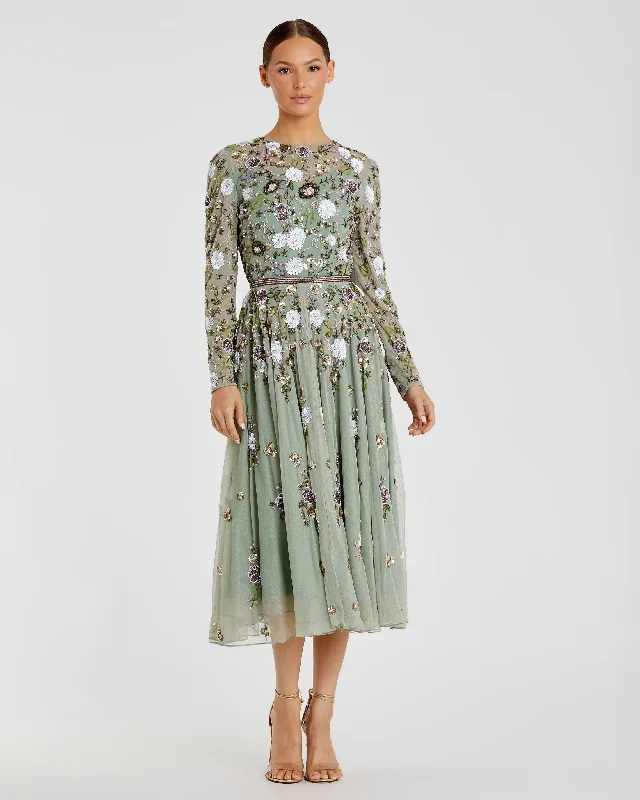 Midi dresses with tiered skirts for a bohemian festival look Sequined Floral Long Sleeve High Neck Midi Dress Midi dresses with tiered skirts for a bohemian festival look Sequined Floral Long Sleeve High Neck Midi Dress