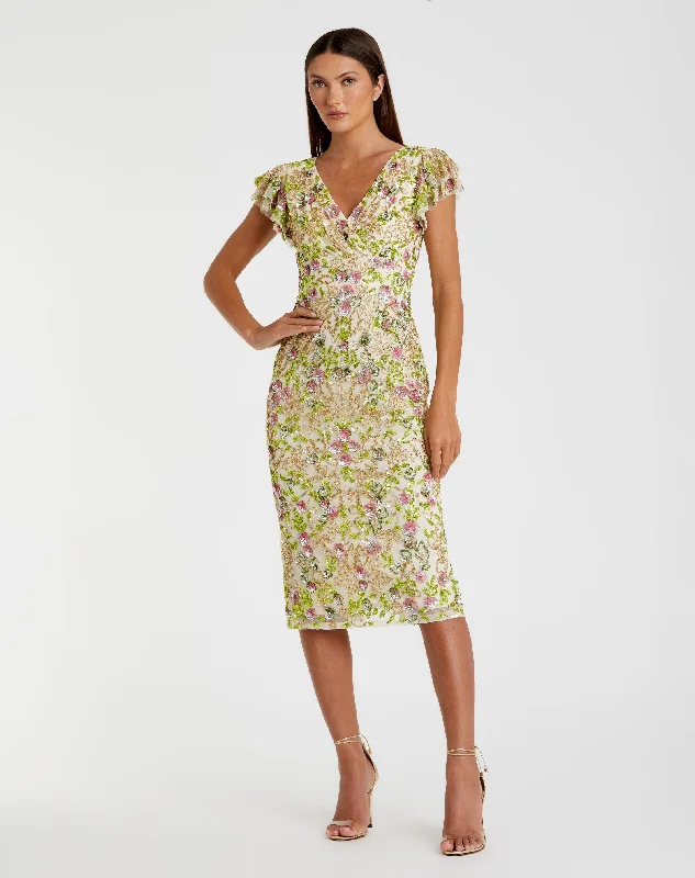 Midi dresses with patchwork patterns for a one - of - a - kind style Cream Floral Embellished Flutter Cap Sleeve Dress