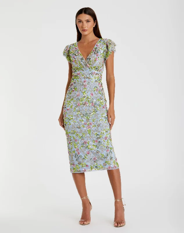 Midi dresses with ruched bodices for a feminine and fitted feel Blue Floral Embellished Flutter Cap Sleeve Dress Midi dresses with ruched bodices for a feminine and fitted feel Blue Floral Embellished Flutter Cap Sleeve Dress