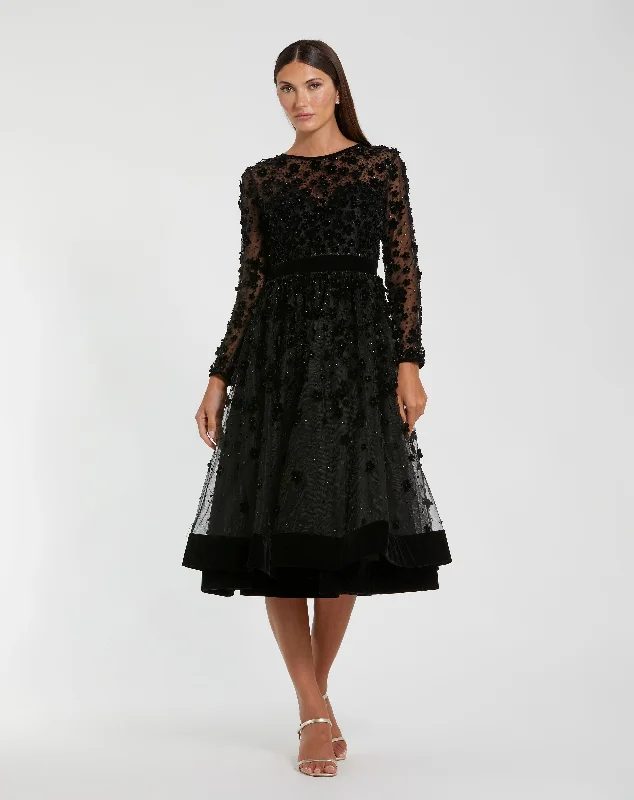 Midi dresses with lace - up fronts for a unique and adjustable style Black Embellished Illusion High Neck Long Sleeve Fit & Flare Dress