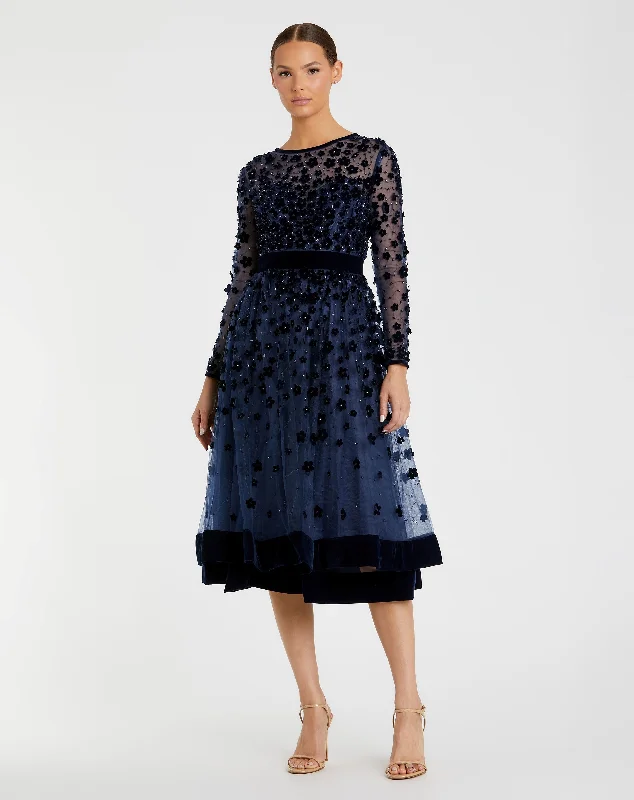 Midi dresses with pleated bodices for a classic and tailored look Blue Embellished Illusion High Neck Long Sleeve Fit & Flare Dress Midi dresses with pleated bodices for a classic and tailored look Blue Embellished Illusion High Neck Long Sleeve Fit & Flare Dress